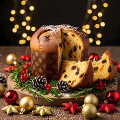 Panettone cake with christmas decorations and lights on a wooden surface with a slice cut out of it