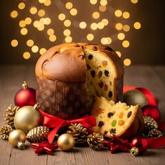 A festive panettone with ornaments and lights on a wooden surface creates a holiday atmosphere