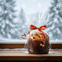 Panettone in clear wrapping with red ribbon on wooden sill in front of snowy winter scene outside window