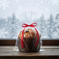 A panettone in a clear plastic bag tied with a red ribbon on a wooden table with a winter background