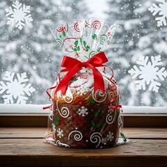 Panettone wrapped in decorative plastic with a red bow on a wooden table with snow outside window