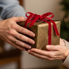 Hands exchanging a gold wrapped gift with a red ribbon and bow in a close up indoor setting view