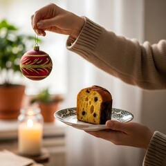 Hands holding christmas ornament and panettone slice near candle and potted plants indoors festive scene