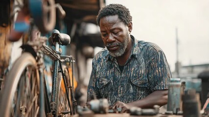 African bicycle mechanic working on a vintage bike in his workshop