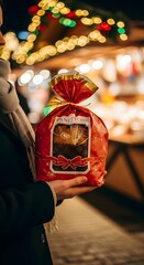 Person holding a wrapped panettone cake with christmas lights in the background at night market scene