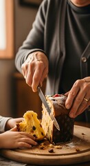 Person cutting a slice of panettone with a knife on a wooden board with a child reaching for it