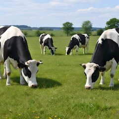 Four Holstein Cows Grazing Peacefully in a Green Summer Pasture