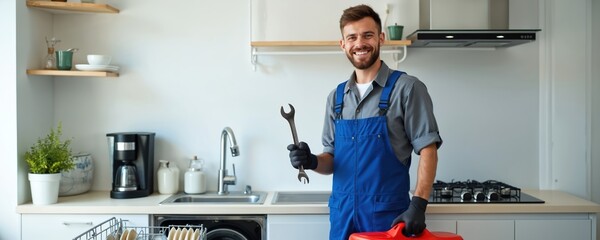 Young man repairman wearing blue overall and gloves holding wrench and red toolbox in modern kitchen with washing machine and dishwasher. Service technician ready to work.