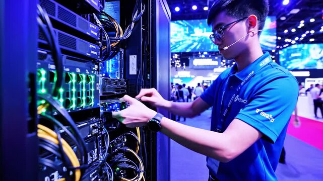 A technician in blue shirt installs a server component in a data center, lit with green and blue - Powered by Adobe