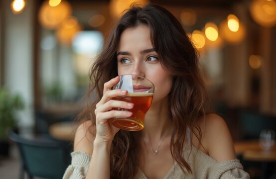 Young woman drinks amber beverage from glass. She sits at cafe table, enjoying warm light, relaxed mood. Pleasant refreshment, candid moment, outdoor seating. - Powered by Adobe