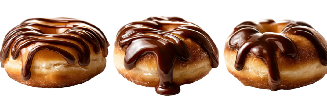 Three donuts glazed with dripping dark chocolate sauce