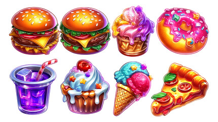 Fototapeta premium Colorful Fast Food and Dessert Illustration with Icons of Burgers, Ice Cream, and More