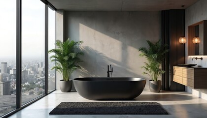 Fototapeta premium Minimalist bathroom with black oval bathtub, city skyline view. Contemporary interior design features concrete walls, wood vanity, plants, stylish pendant lights, offering urban luxury, relaxation.