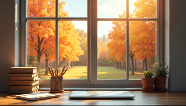 Cozy home office setup with books laptop and pencils on wooden table near window. Outside trees with orange fall foliage in warm sunlight. Great for studying working remotely.