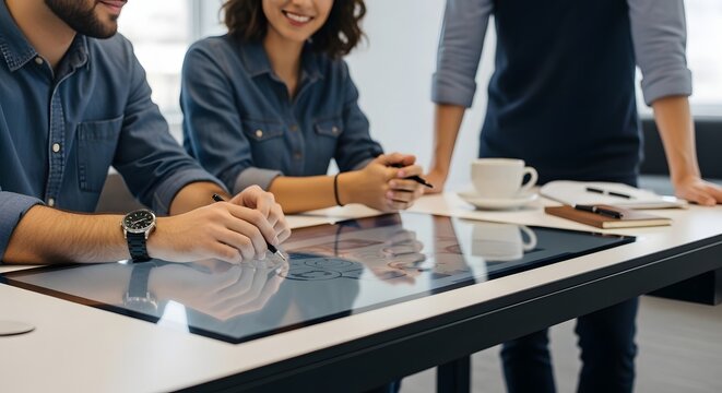 Creative Team Collaborating on Innovative Digital Design with Interactive Table