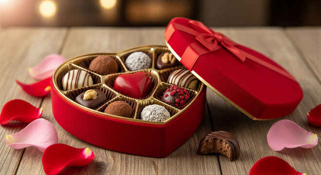 Open red heart box of chocolate candies with rose petals for romantic Valentine Day gift card