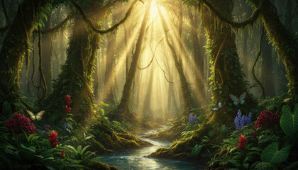 Enchanted forest path with sunlight streaming through misty trees, ferns and flowers creating magical atmosphere