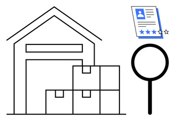 Warehouse with boxes symbolizes logistics, profile card with star ratings represents recruitment, magnifying glass emphasizes search and evaluation. Ideal for HR, supply chain, ecommerce, reviews