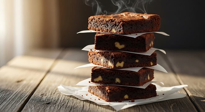Stack of warm, fudgy chocolate brownies with nuts, steaming on a rustic wooden table in soft light.