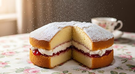A classic Victoria sponge cake with jam and cream filling being dusted with powdered sugar, with a teacup in the background.