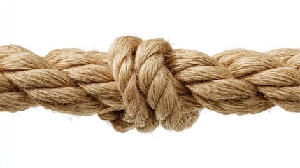 Fototapeta premium A close-up view shows a thick, woven rope with a complex knot tied in the center against a bright, white background