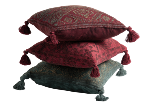 Stacked square cushions, rich textures, tassels on corners
