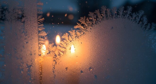 Beautiful Frost Patterns on Window with Warm Candlelight Glow