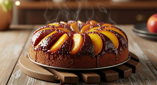 A delicious, steaming hot peach upside-down cake with a caramel glaze, resting on a wooden trivet. - Powered by Adobe