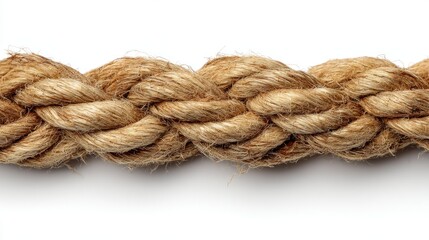 A close-up of a thick, braided rope lies horizontally, centered against a stark white background. The natural fibers show texture