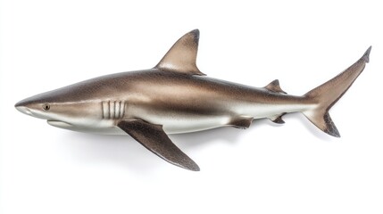 Fototapeta premium A sleek, grey shark figurine isolated against a stark white background. It displays intricate details and realistic coloration