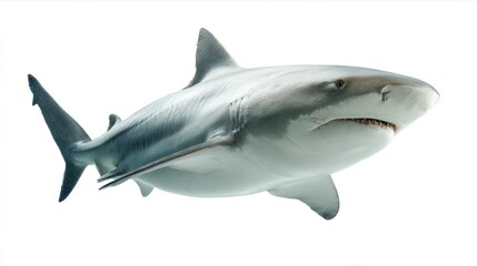 Fototapeta premium A side view of a shark, fins extended. It has a gray body and is set against a bright white background. The shark is alert