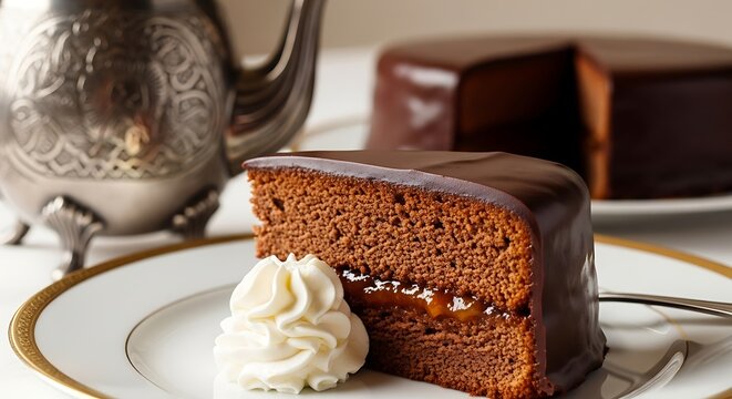 A delicious slice of Sacher Torte chocolate cake with apricot jam filling and a rich chocolate glaze, served with whipped cream on a white plate, with a whole cake and silver teapot in the background.