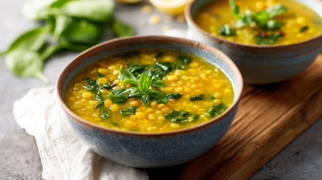 Red lentil dal soup with spinach