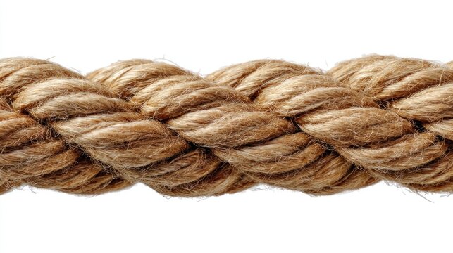 Close up of thick, tan rope with textured fibers, twisted together creating a strong, natural braided pattern