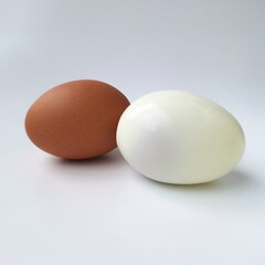 Uncooked and boiled egg. A whole brown chicken egg and a halved boiled egg are displayed on a white surface. The boiled egg s white is firm, surrounding a solid yellow yolk.