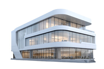 Modern, white curved building with all glass facade