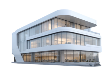 Modern, white curved building with all glass facade