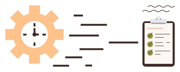 Gear with clock symbol beside a clipboard with checkmarks, implying productivity, scheduling, and task prioritization. Ideal for project planning, efficiency, workflow, deadlines, organization