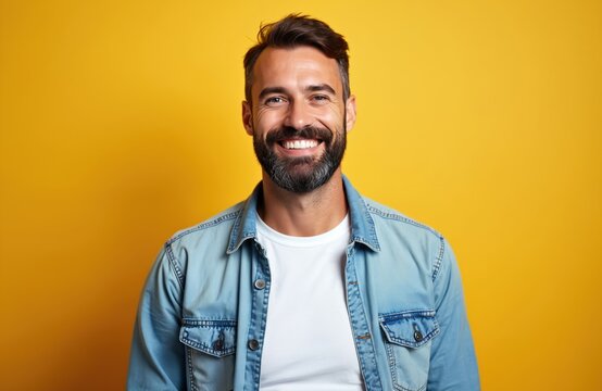 Mature European man smiles directly at camera on bright yellow backdrop. Wears denim shirt, full beard. Image conveys positivity, confidence, suitable for business personal branding projects.