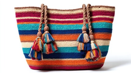 A vibrant, handwoven tote bag with horizontal stripes in various colors. Rope handles are adorned with tassels and wooden beads