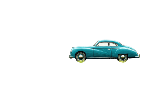 Retro coupe passing by green pastures, isolated on a Transparent background, PNG file.