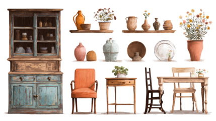 Rustic Farmhouse Interiors: Cozy farmhouse interiors with vintage furniture, wooden accents, and earthy tones, isolated on a Transparent background, PNG file.