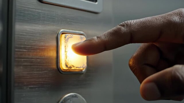 Close-up of finger pressing an elevator button with subtle focus pull.