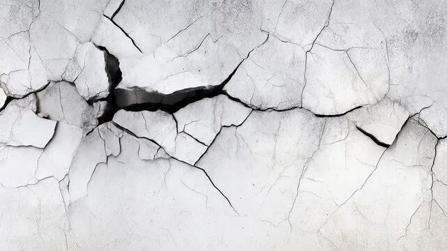 Detailed abstract composition portrays a cracked white surface with prominent fissures and intricate fracture patterns across the weathered and textured backdrop, suggesting age and deterioration.