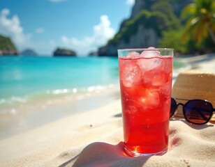 Refreshing red drink with ice sits on sand beach next to sunglasses and hat. Turquoise ocean waves lap shore under blue sky and green island hills.