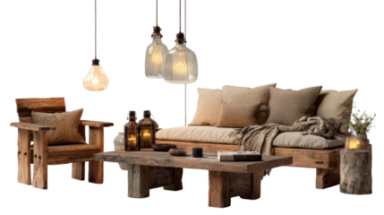Rustic Home Decor: Cozy rustic home decor with reclaimed wood furniture, soft lighting, and earthy tones, isolated on a Transparent background, PNG file.