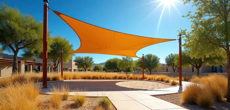 Orange triangle sun shade sail protects sandy park area on sunny day. Modern architecture, desert plants, green trees surround contemporary city garden with bright blue sky. Paved path leads through