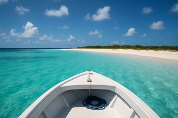 A boat navigating turquoise tropical water towards a remote white sand beach. Ideal for travel brochure, vacation advertisement, and island escape concept.