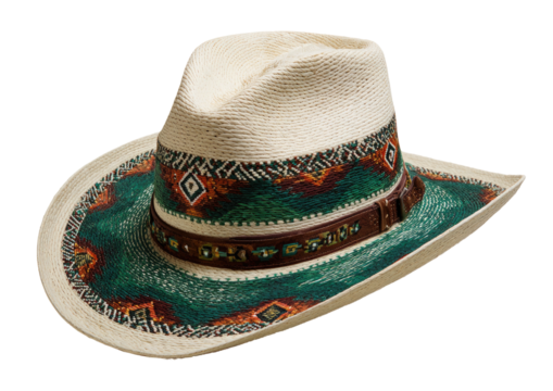 Straw hat with patterned band, brown leather strap