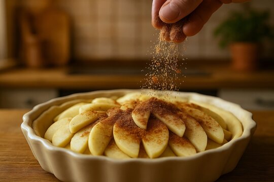 Man hand sprinkling cinnamon powder over sliced apple in pie crust in baking dish. Preparation of delicious homemade dessert for holiday.